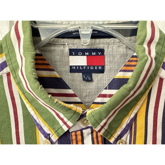90s Vintage Tommy Hilfiger Mens Large Button Down Shirt Retro Multicolor Stripes - Picture 5 of 8